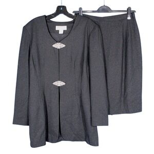 VTG ANN TOBIAS Black SILVER SHIMMER Rhinestone Clasp JACKET/SKIRT SUIT SET Sz 12